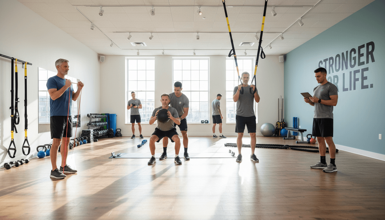 seniors exercising together in bright modern fitness studio with supportive atmosphere