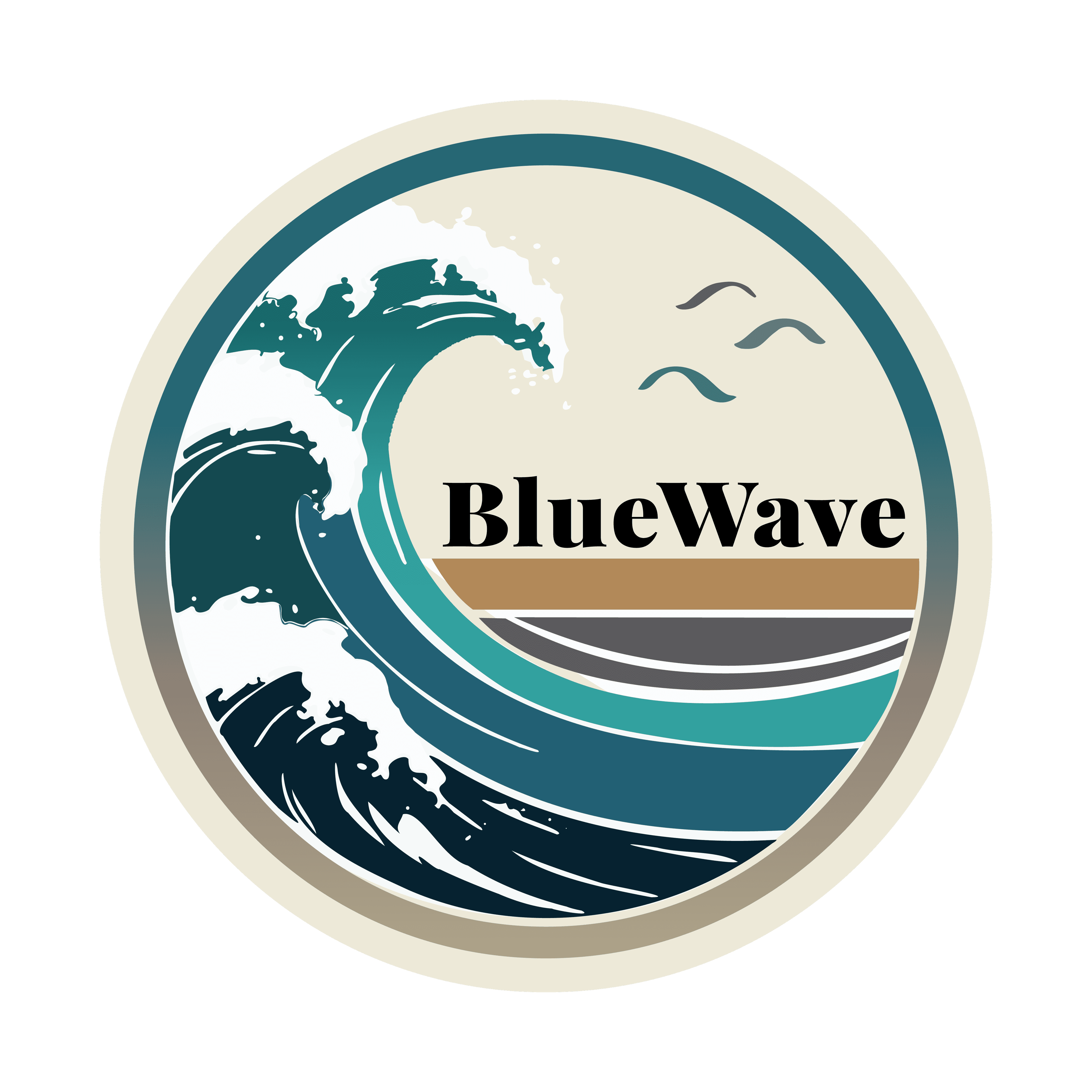 Circular logo with a stylized crashing blue wave, flying birds, and the text BlueWave.